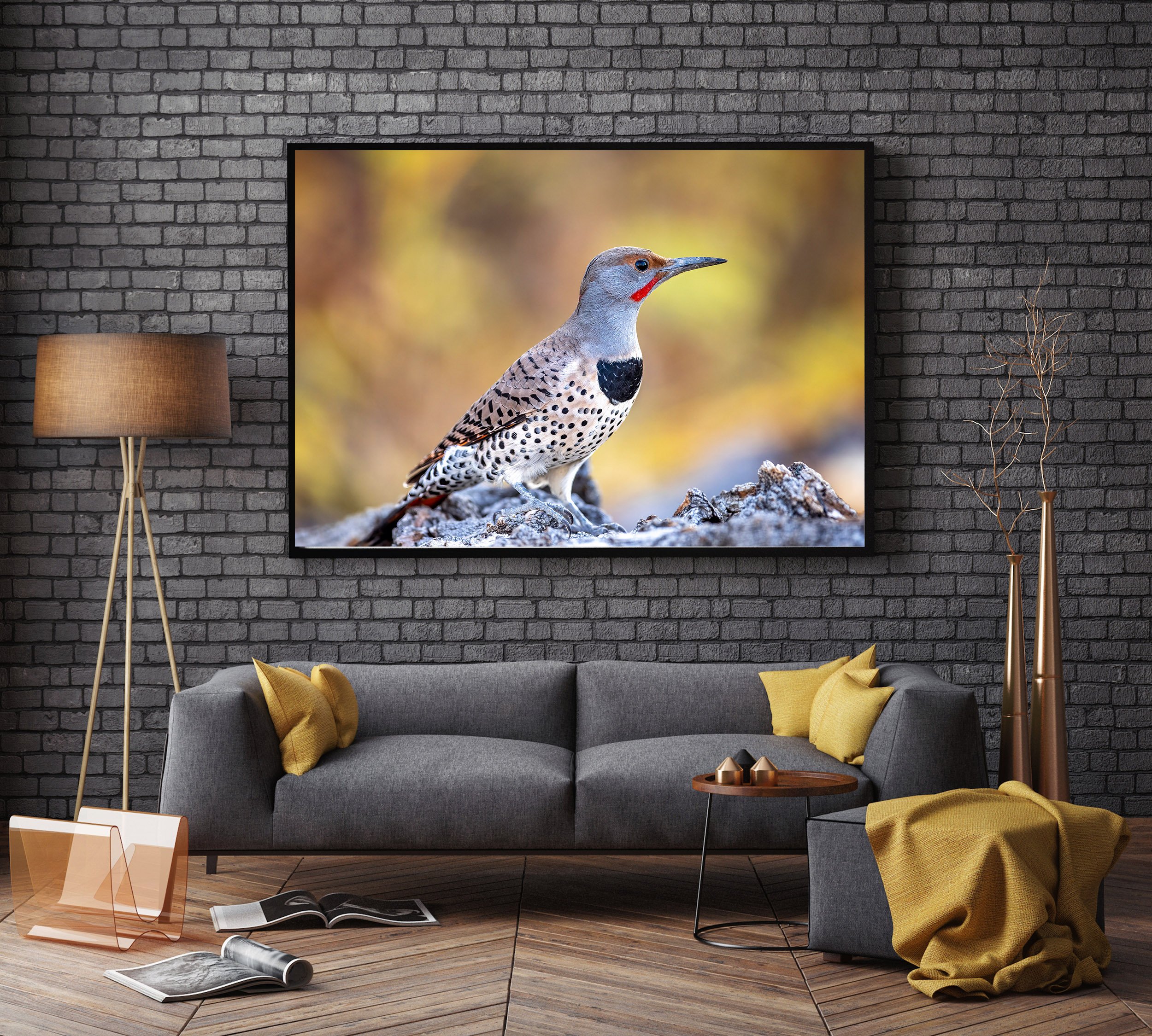 Framed art print of a Northern Flicker bird on a branch, displayed in a modern living room